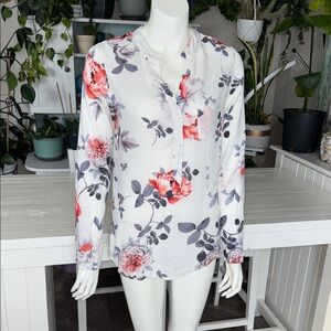 Trovare Floral Print Button-Front Women’s Blouse - White Pink Floral XS NWOT